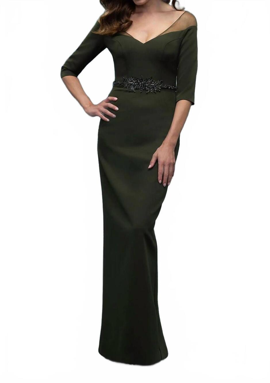 NEW MGNY three-quarter sleeve crepe column gown in forest green